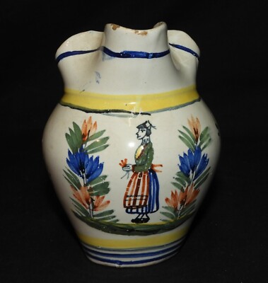 Grand pichet vintage en céramique-vin/cidre-décor paysans bretons-DV-fait main 