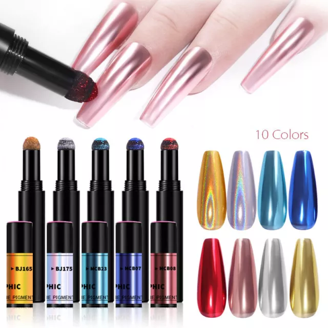 Mirror Nail Chrome Pen Powder Air Cushion Solid Stick Dust Holographic Manicure!