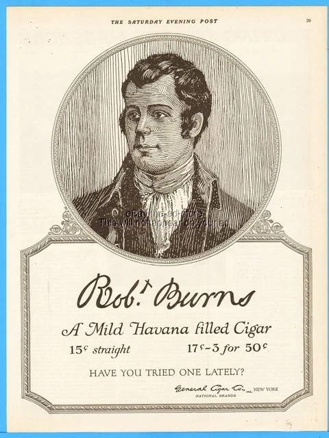 1920 Robt Burns General Cigar Co New York City NY Mild Havana Filled Cigar Ad