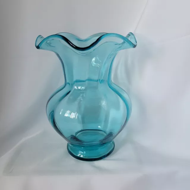 Vintage Optic Rib Blue Hand Blown Art Glass Ruffled Edge Vase MCM 7.5"