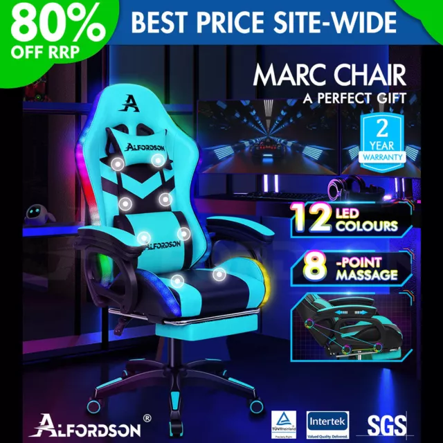 ALFORDSON Chaise Gaming Chaise de Bureau avec LED et Massant 8 Points Cyan Noir
