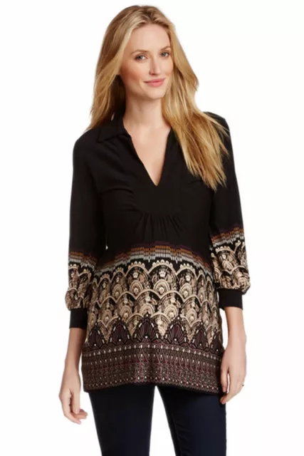 OLIAN Maternity Women's Black Arabesque Print Collared Tunic Top S $123 NWT