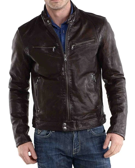 Jacket Leather Biker Motorcycle Men's Mens Lambskin Racer Cafe Vintage Brown V13
