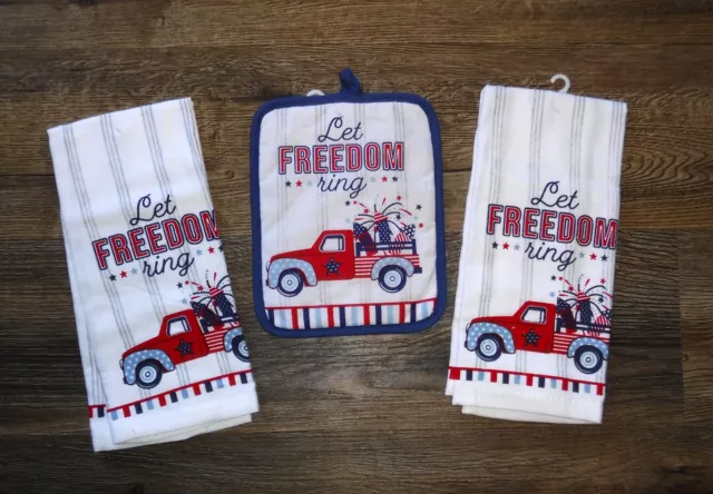 Set - 3 America Freedom - 2 kitchen towels 1 potholder Kitchen July 4th Flag