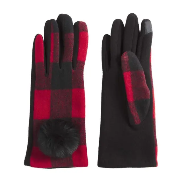 Mud Pie Womens Red Black Buffalo Check Womens Winter Gloves with Pouf Accent