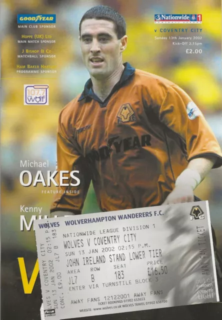 2001/02 Wolverhampton Wanderers v Coventry City Division 1 Programme & Ticket