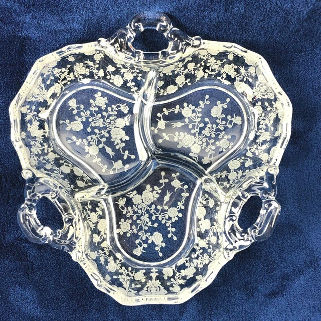 Relish Candy Dish Three Handle Vintage Cambridge Rose Point Clear Etched 3-Part