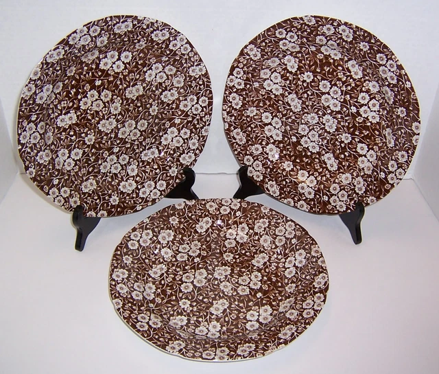 Staffordshire England Calico Brown Chintz 3 Dinner Plates (10 3/8”) Crazing