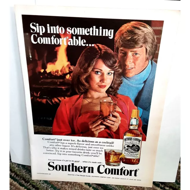 1979 Southern Comfort Liqueur Man Woman Fireplace Vintage Print Ad 70s Original