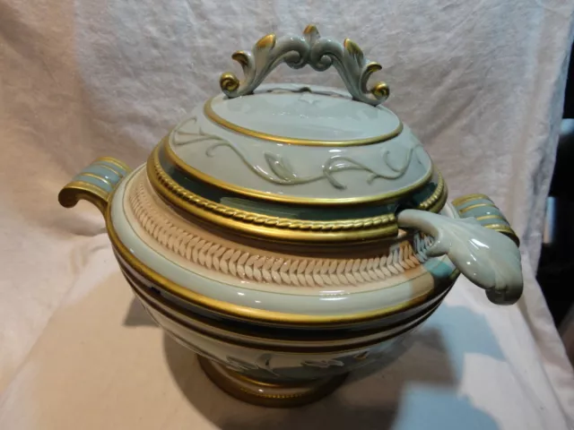 FITZ and FLOYD Classics Clairmont Soup Tureen & Ladle Sage Green Design NEW