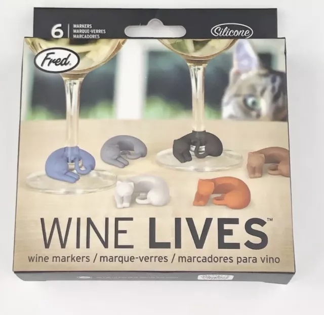 Fred WINE LIVES Wine Markers Set of 6- Cat Wine Charms Glass Tags Multicolor NIP