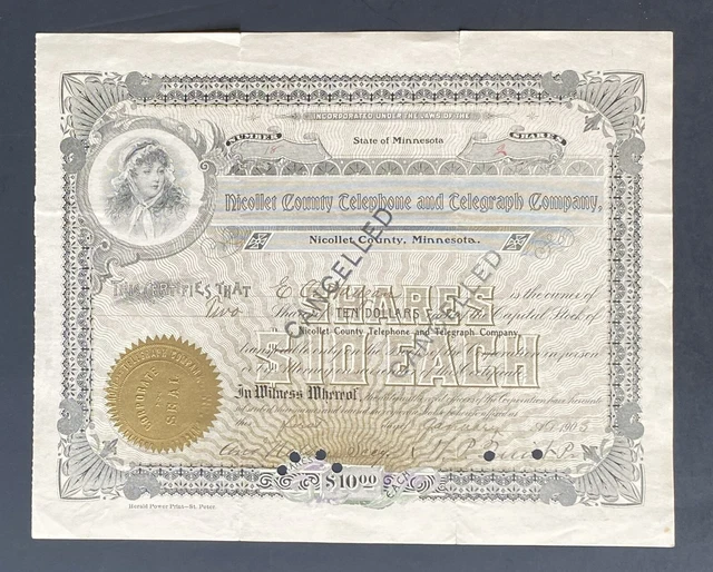 NICOLLET COUNTY TELEPHONE & TELEGRAPH Stock 1903. St. Peter, Nicollet County, MN