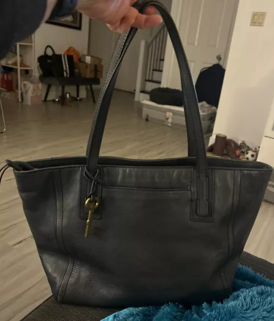 Fossil Emma Marine Blue Leather Shopper Work Tote Shoulder Bag Zip 11x17 9” Drop