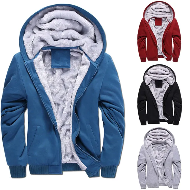 Mens Winter Warm Zip Up Hooded Hoodie Jacket Fleece Lined Coats Outwear Fur Tops
