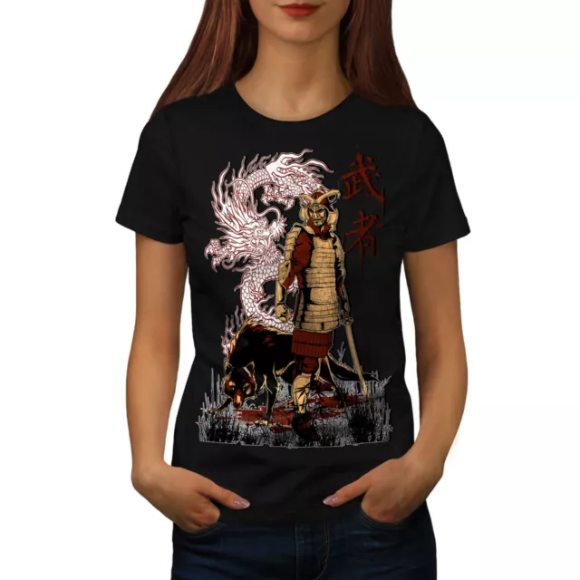 T-shirt donna Wellcoda Japan Dragon Wolf, Katana design casual stampata