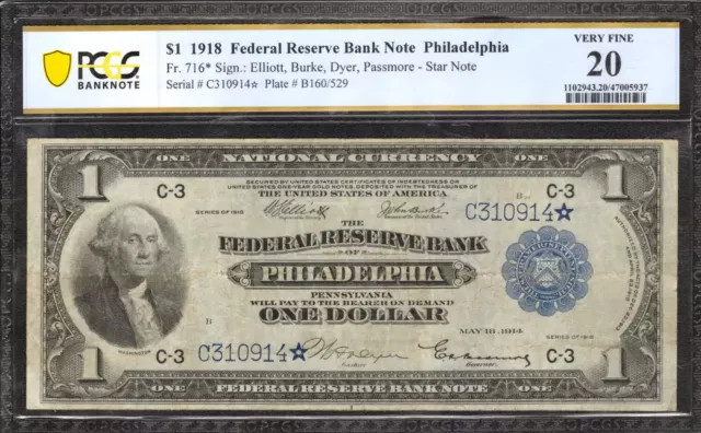 1918 $1 National Banknote Currency Philadelphia Fr.716* Star Pcgs 20 Vf (914*)