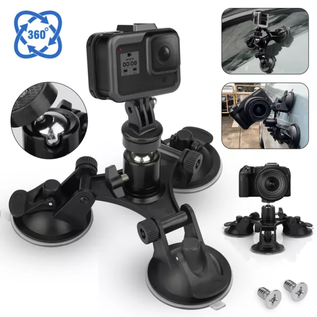 Car Mount Triple Suction Cup Mount With 1/4 Threaded Head 360° Tripod Ball Head