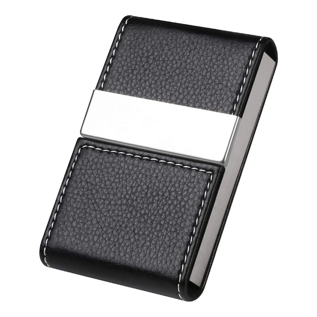 PHCOZY Porte Cartes De Visite Cuir PU Ultra Mince Acier Inoxydable - Boucle Magnétique