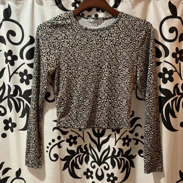 NWT Gaze Womens Gray Black Cream Leopard Print Long Sleeve Crop Top Size XS