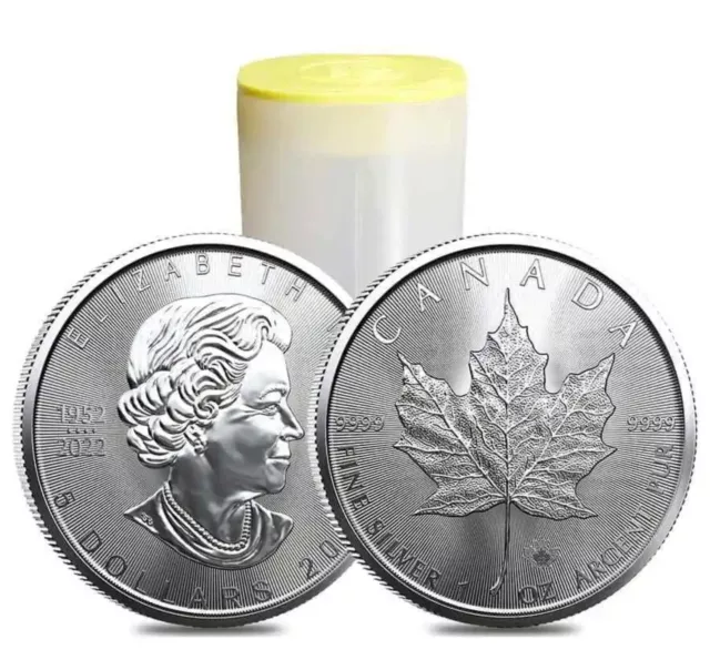 Roll of 25 - 2023 1 oz Canadian Silver Maple Leaf .9999 Fine $5 Coin BU