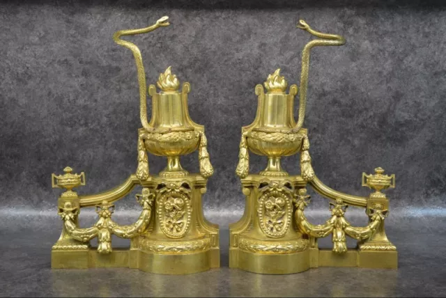 Pair of French Louis XVI Style Gilded Bronze Fireplace Chenets Old Rare 19th C