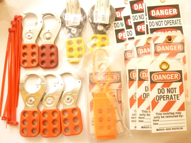 Lot of 8 Safety Lockout Hasp/ Lockouts: Brady, Master, etc. w/ Tags. Red, Yellow