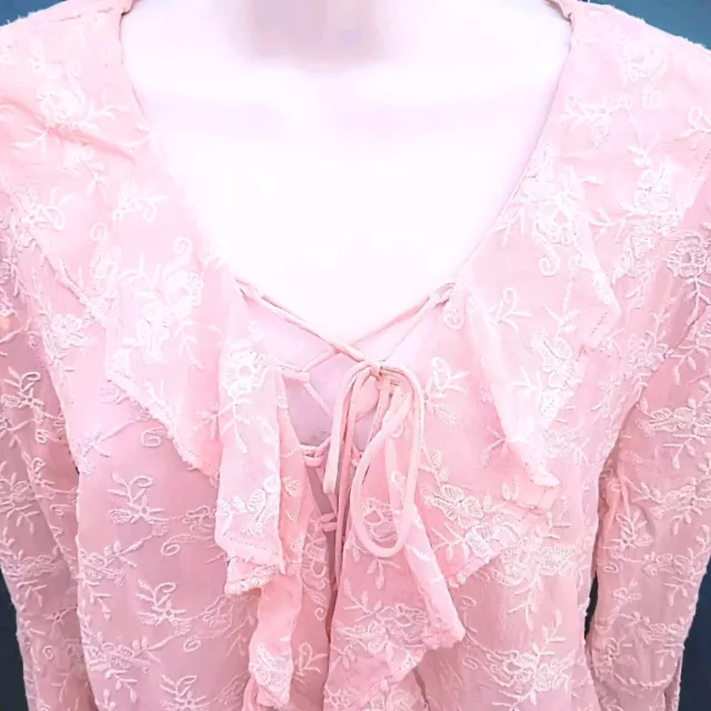 Guess XS Pink Allover Embroidered Blouse w/ Lace Up Ruffled Front & Bell Sleeves 3