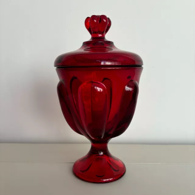  Viking Ruby Red Epic 6 Petal Glass Lidded Compote Candy Dish Vintage