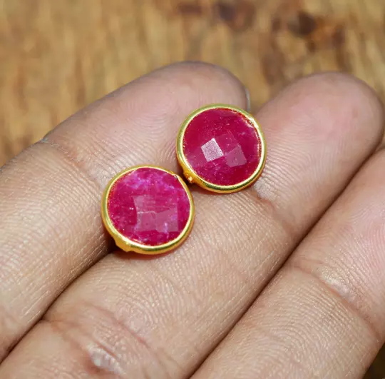 Simulated Red Ruby 925 Sterling Silver 24ct Gold Overlay Stud Earring