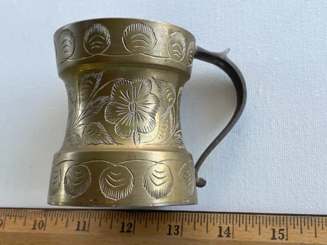 Vintage India Brass Etched Cup with Handle  2 3/4" Dia, 3" H