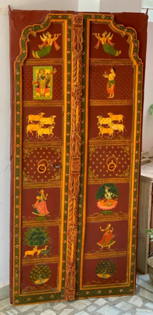 Old wooden door lord Krishna painted frame antique traditional heavy furniture