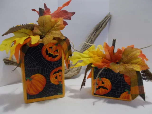 Primitive Folk Art 2 Wooden Happy & Scary Pumpkins Fall Halloween Decor Handmade