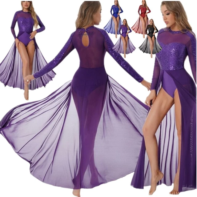 Women Long Sleeve Sequins Flowy Maxi Dress Mesh Patchwork Illusion Lyrical Dance