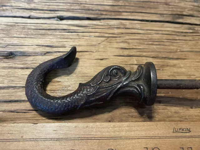 Antique Figural Cast Iron Architectural Hardware Wall Hook Dolphin Fish
