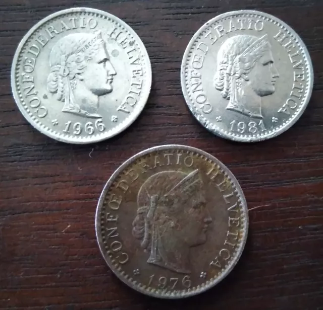 SWITZERLAND,   Lot Of 3 coins, 20 Rappen 1976,  10 Rappen 1966 B, 1981  Ungraded