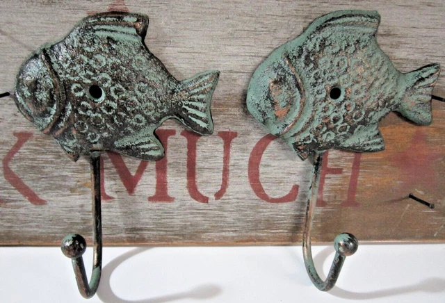 Hook Coat Hat Towel Pots Clothes Bath 2 Old Look Cast Iron FISH Verdigris PAIR