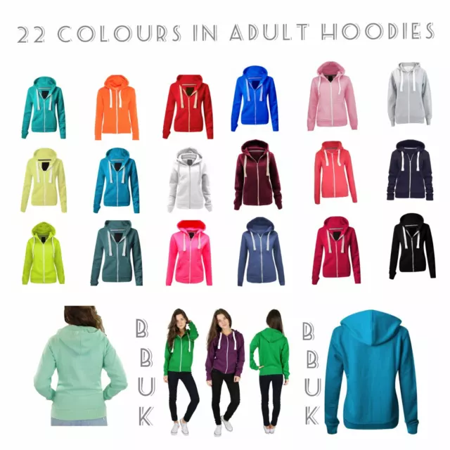 Ladies Womens Plain Zip Up Hoodie Sweatshirt Fleece Jacket Hooded Top UK 8 To 22