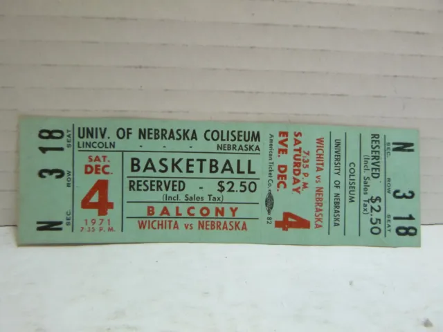 1971 Nebraska Cornhuskers v Wichita State Basketball Unused Full Ticket -RARE