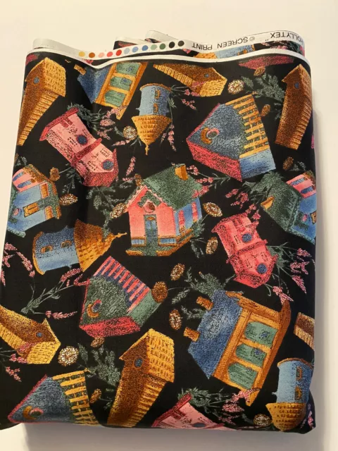 vintage Cotton Fabric 6 1/2 yards Birdhouses black pink blue 44” wide