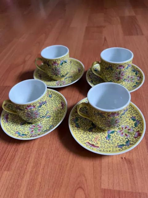 Set x 4 Chinese Porcelain Longevity Famille Rose Yellow Tea Cup/Saucer