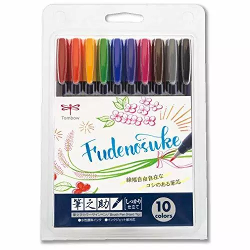 Tombow Fudenosuke Fude Brush Felt Tip Pen Hard Tip 10 Color Set WS-BH10C Japan