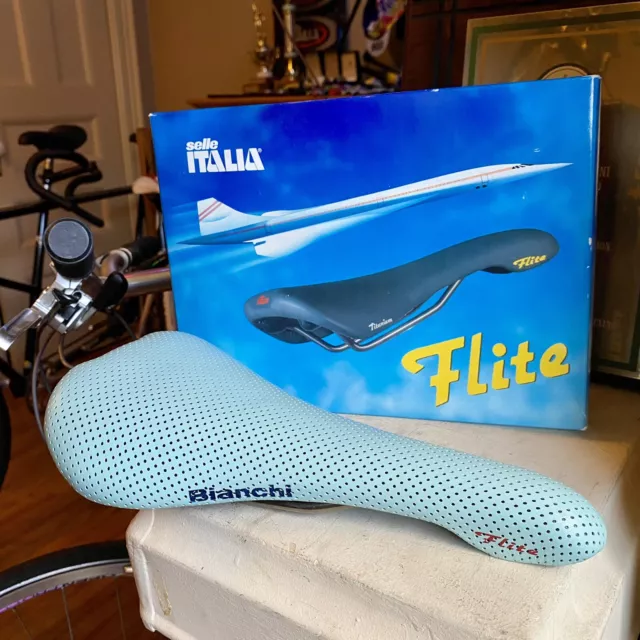 ULTRA RARE 1990's SELLE ITALIA FLITE TITANIUM BIANCHI CELESTE PERFORATED SADDLE