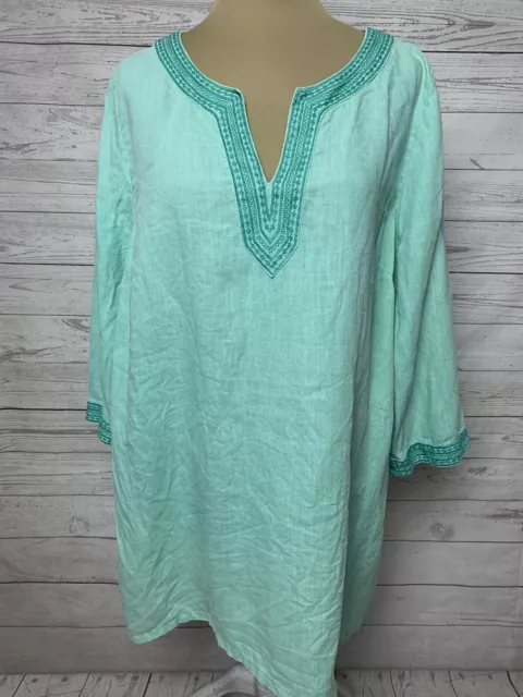 Tommy Bahama Women’s Sz XL Aqua Blue 100% Linen Embroidered Tunic Blouse