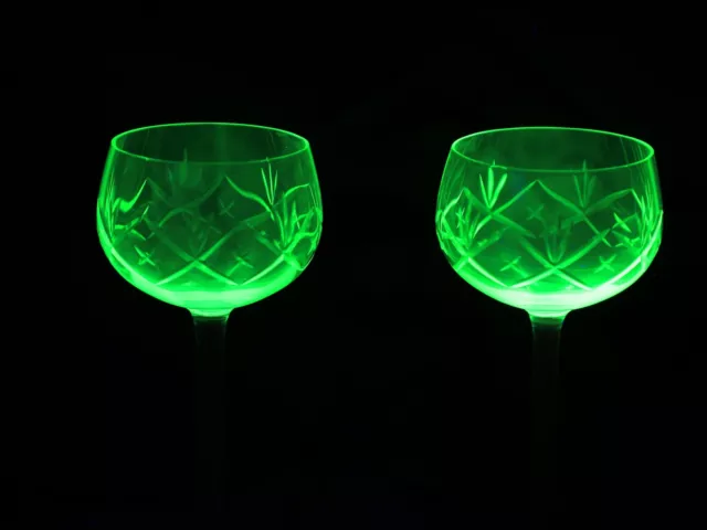 2 Green Uranium Cut Glass Wine Glasses