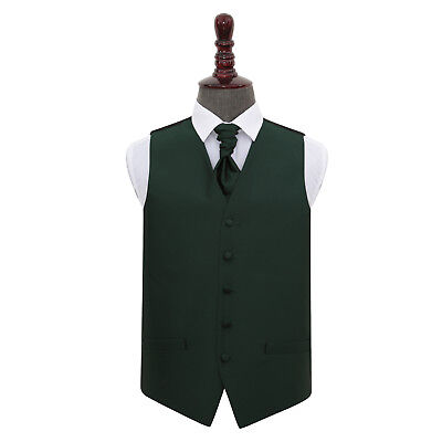 DQT Plain Solid Check Dark Green Mens Wedding Waistcoat & Cravat Set