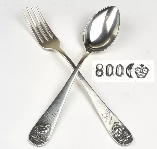 Children Cutlery Spoon+Fork Bird Gerd 800er Silver Um 1900 A22