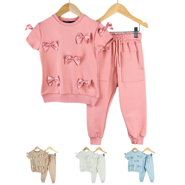 Girls Loungewear Tracksuit Fancy Satin Bow Top & Pants Outfits 2pcs Set 2-10 Yrs