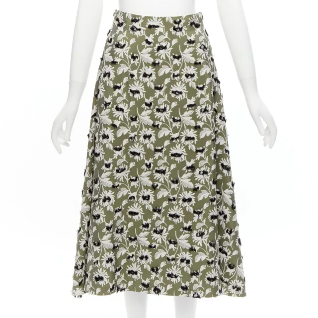 BALENCIAGA 2015 green black fringe embellishment white floral midi skirt FR36 S