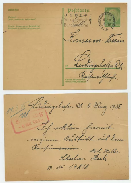 107489 - Ganzsache P 217 - Postkarte - Ludwigshafen 5.3.1935