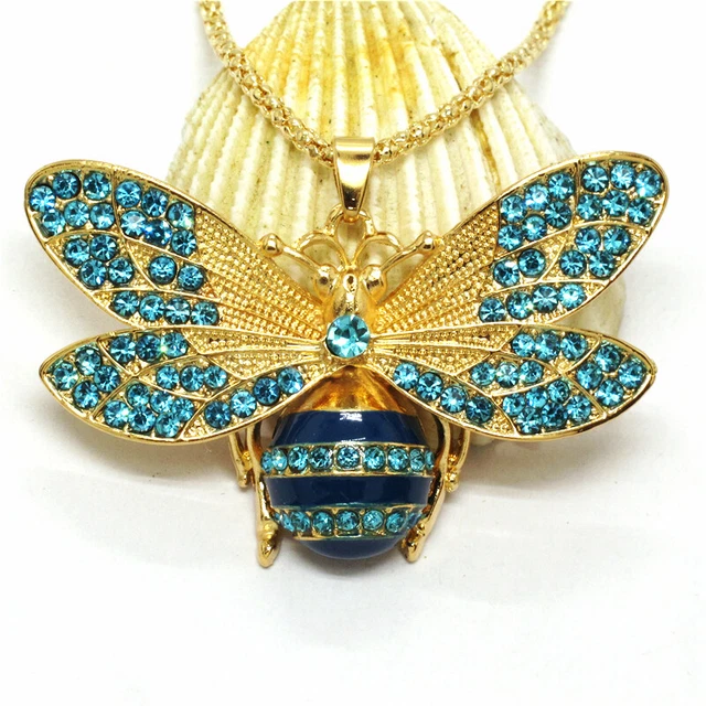 Hot Betsey Johnson Blue Rhinestone Honey Insect Crystal Pendant Chain Necklace